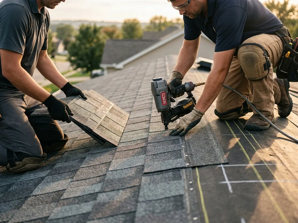 Professional roofer working on a residential roof in Glen Cove